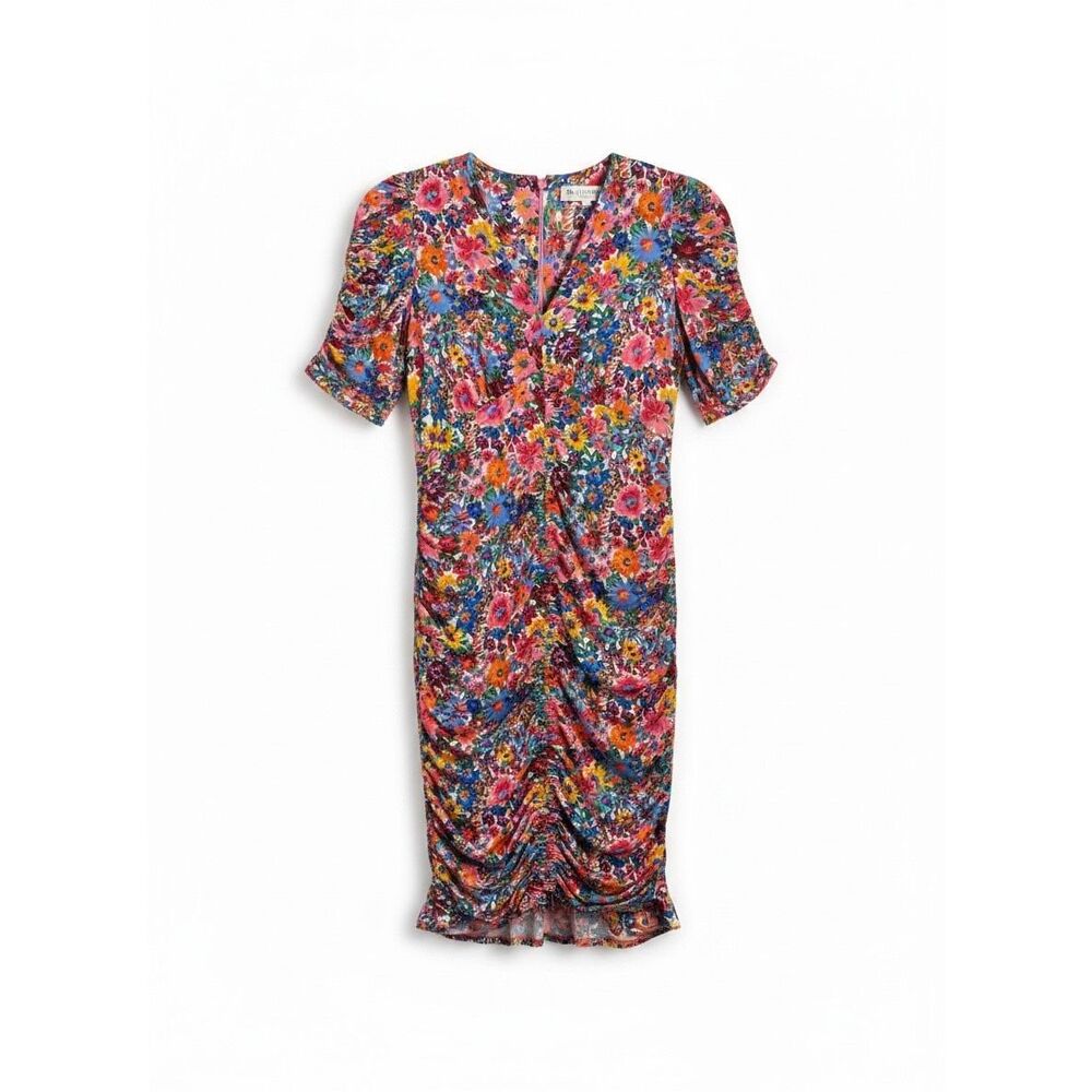 Hale Bob Shirred Floral Dress Size Small Ruched Multicolor Summery